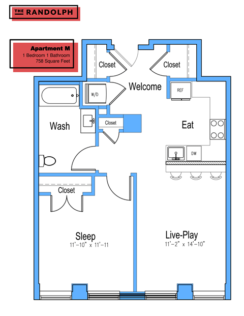 Floor plan for 1 bed, 1 bath, 752 sqft